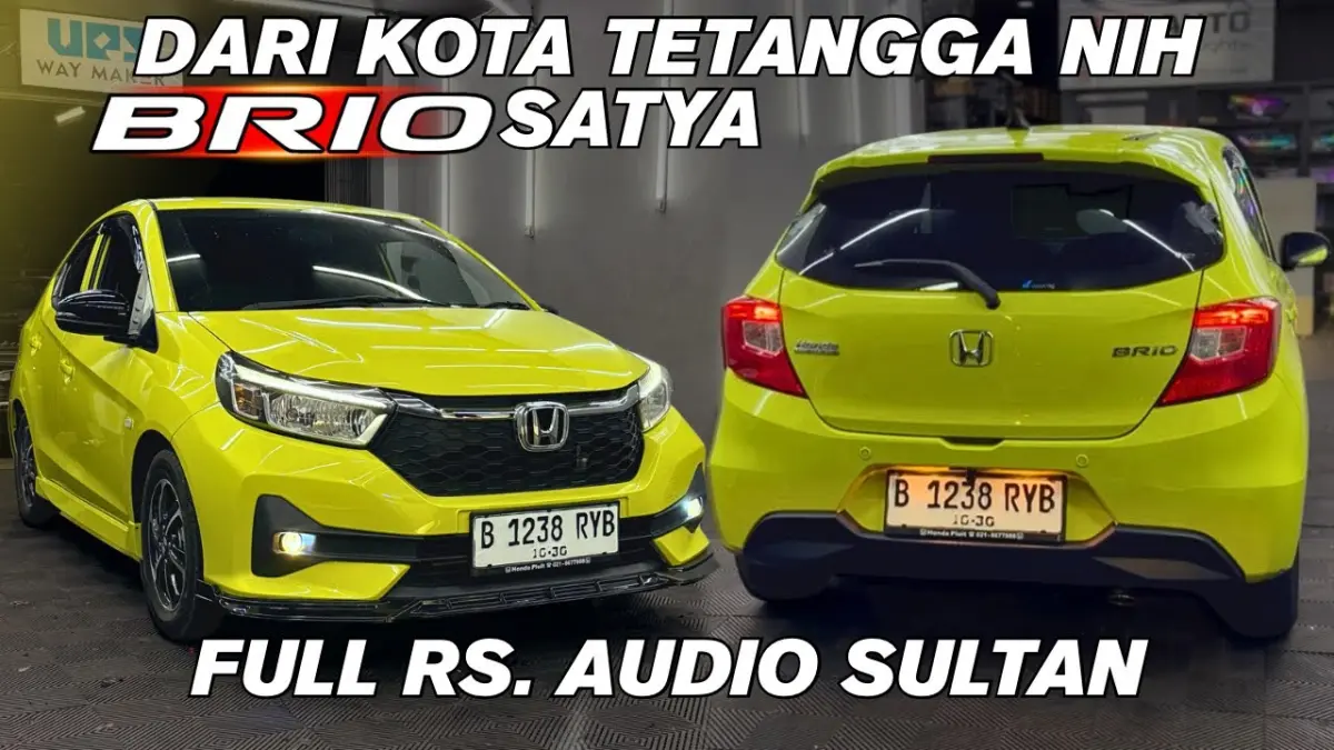 Honda Brio RS 2025 hasil modifikasi Brio Satya tampil sporty dengan body kit RS, head unit Nakamichi, audio premium, dan fog lamp projector. (Youtube. com)