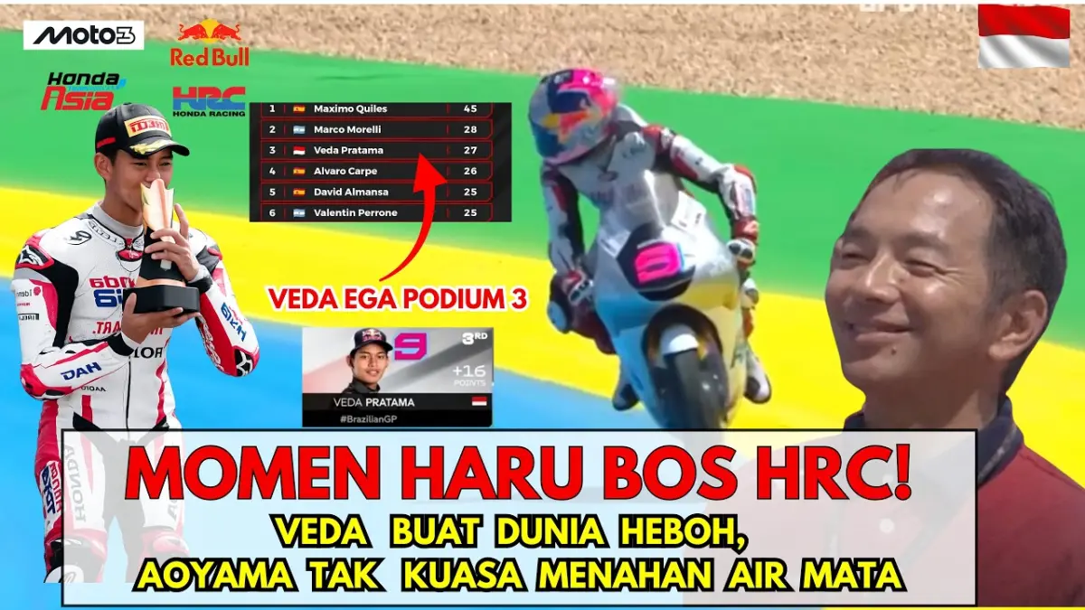  Veda Ega Pratama mencetak sejarah lewat podium Moto3 Brasil. Air mata Hiroshi Aoyama dan perjuangan Honda Team Asia jadi sorotan dunia. (Youtube. com)