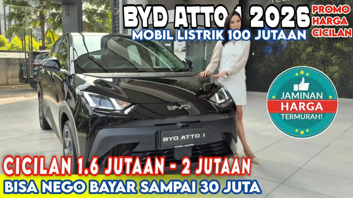 BYD Atto 1 2026 resmi hadir mulai Rp199 jutaan. Simak spesifikasi, tiga varian, promo DP ringan, bonus pembelian, dan fitur terbarunya. (Youtube. com)