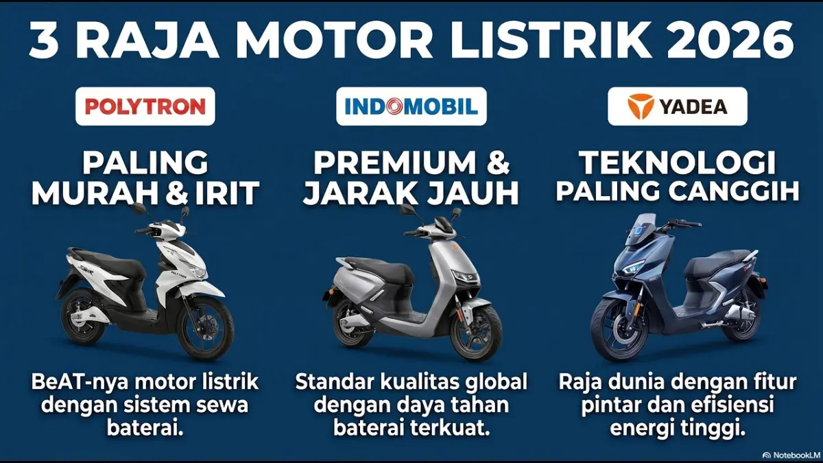 Motor listrik Polytron vs Indomobil vs Yadea, mana yang paling layak dibeli pada 2026? Simak perbandingan harga, fitur, dan keunggulannya. (Youtube. com)