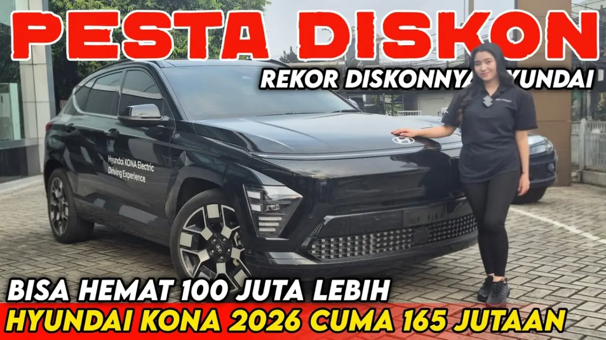 Diskon Hyundai Kona EV 2026 tembus ratusan juta. Harga mulai Rp300 jutaan, jarak hingga 600 km, wall charger gratis dan DP ringan. (Youtube. com)