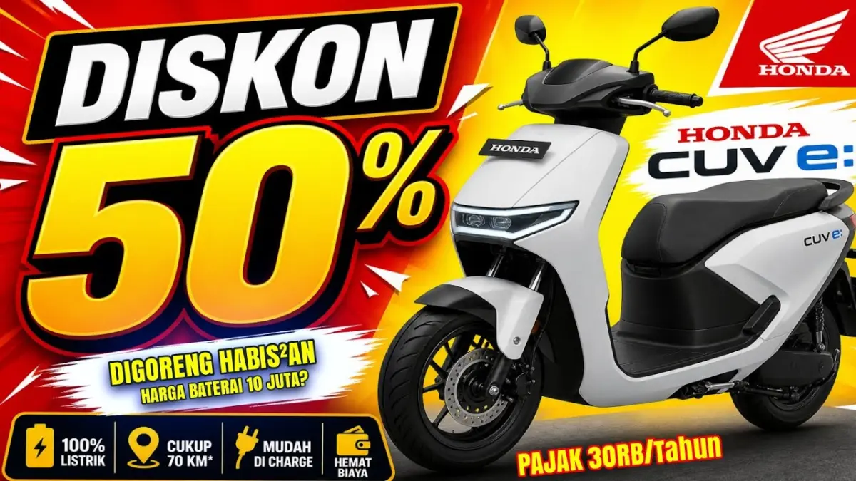 Honda CUV e diskon 50 persen hingga 30 Juni 2026. Harga motor listrik premium Honda turun dari sekitar Rp60 jutaan menjadi Rp35 jutaan. (Youtube. com)