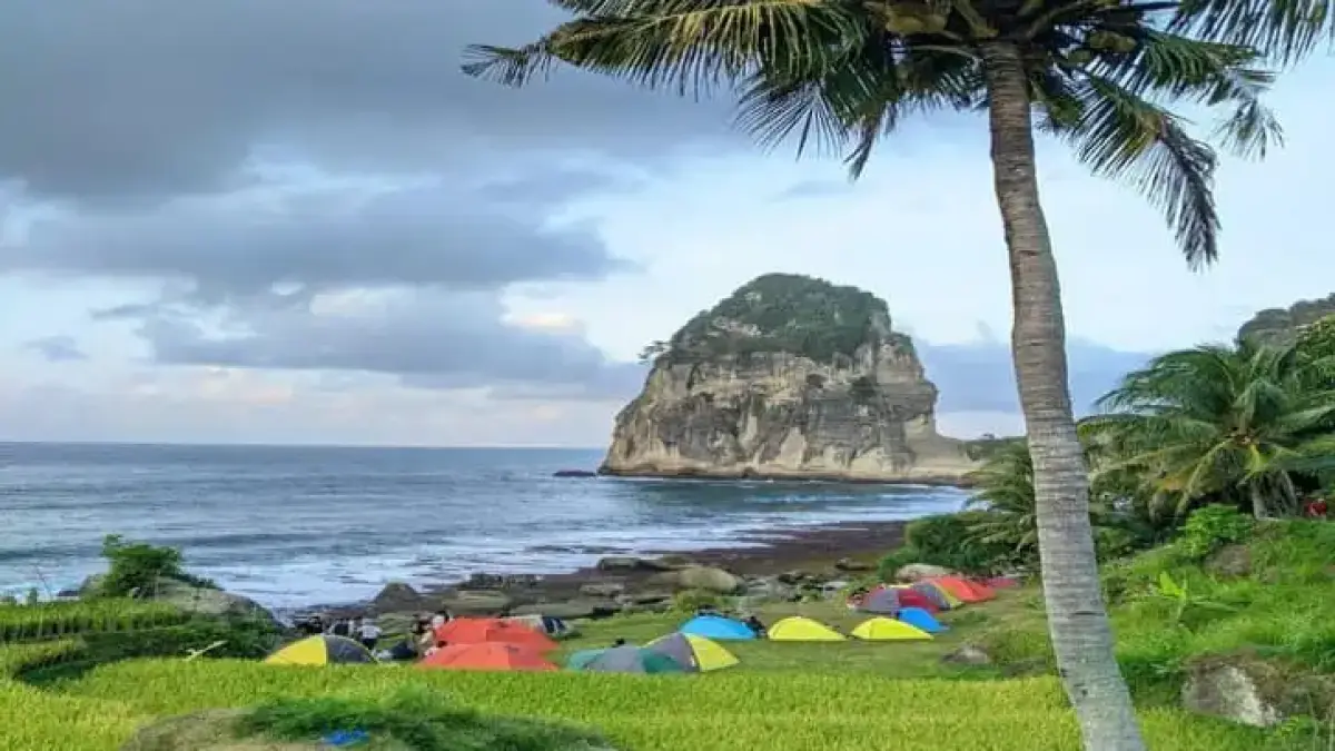 Pantai Pangasan Pacitan menawarkan panorama sawah, laut biru, dan Gunung Lanang. Jalur ekstrem menuju lokasi terbayar dengan pemandangan alam yang viral (Pinterest).
