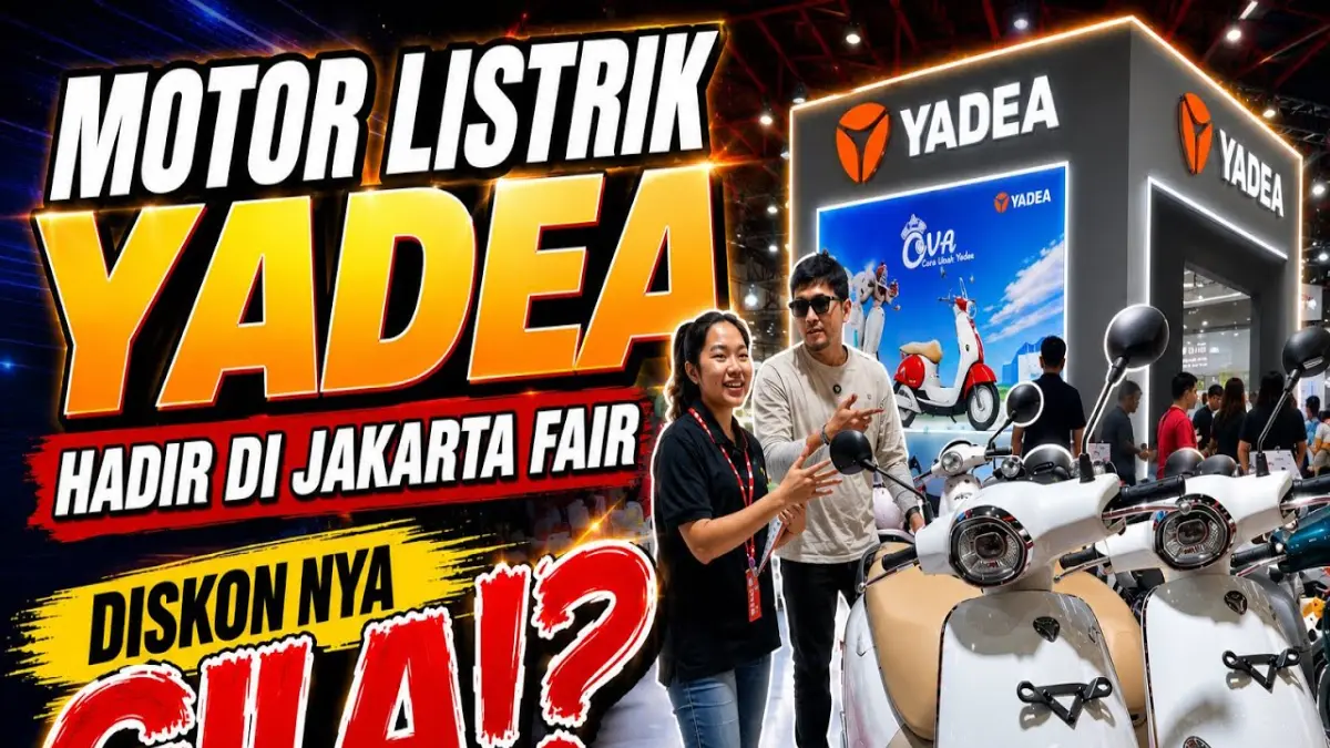 Promo motor listrik PRJ 2026 hadir dengan diskon hingga Rp15 juta, hadiah TV, lucky draw, dan berbagai motor listrik terbaru yang menarik perhatian pengunjung. (Youtube. com)