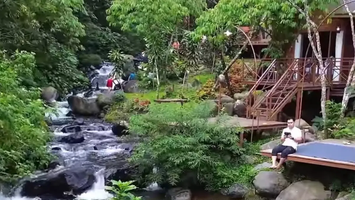 Butuh healing? Nikmati kesegaran menginap di Taman Kopi Guntang Bandung. Info rute, harga sewa villa mewah, dan glamping tepi sungai terlengkap ada di sini! (Screenshot Youtube)