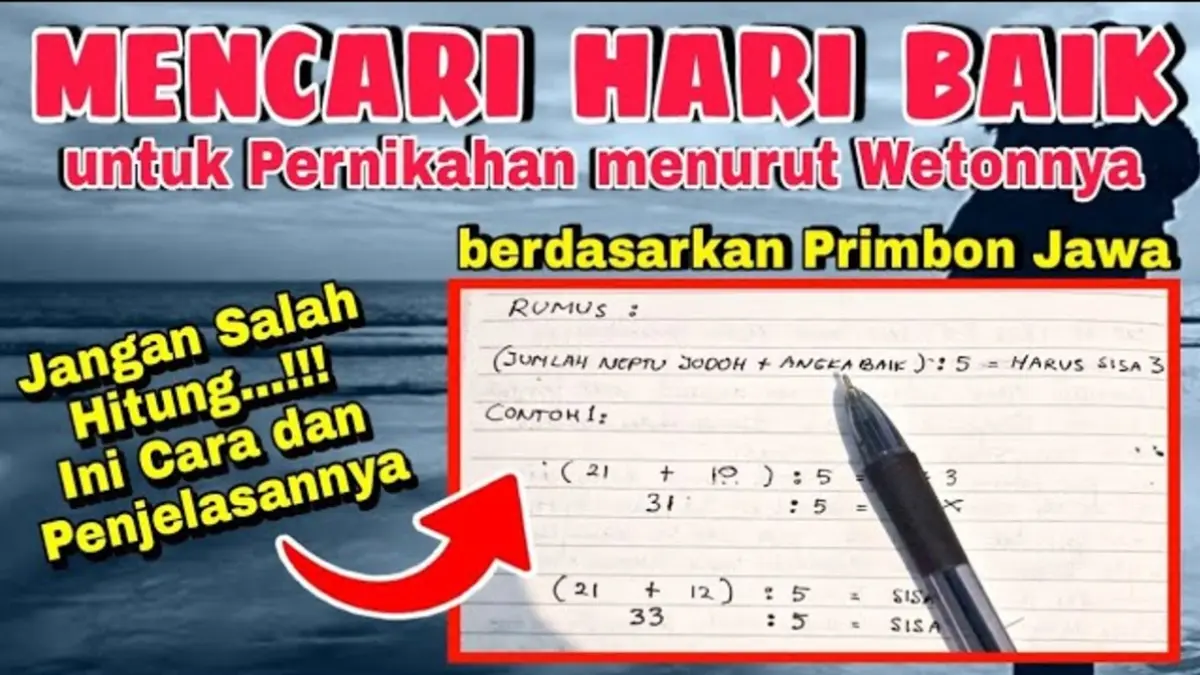 Cara mencari hari baik pernikahan menurut primbon Jawa menggunakan rumus neptu weton lengkap dengan contoh perhitungan dan daftar hari baik. (Youtube. com)