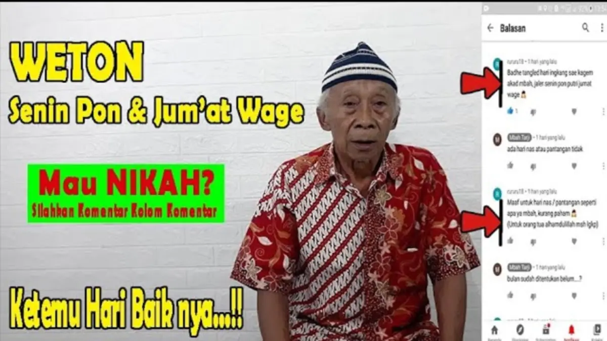 Hari baik pernikahan menurut primbon Jawa untuk pasangan dengan neptu jodoh 21 dijelaskan Mbah Tarji. Kamis Legi disebut sebagai pilihan akad nikah. (Youtube. com)