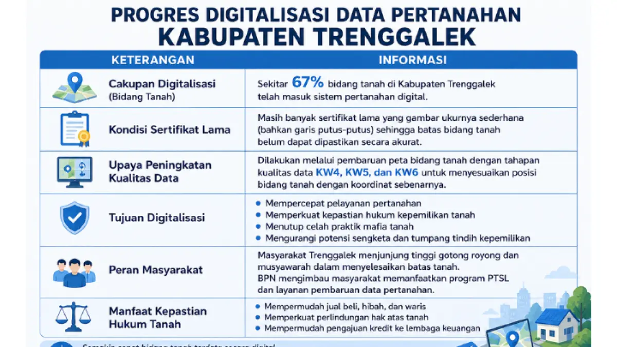 BPN Trenggalek mempercepat digitalisasi data pertanahan untuk memperkuat kepastian hukum dan mencegah praktik mafia tanah.