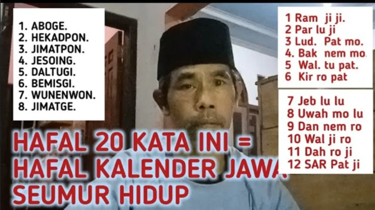 Cara menghafal Kalender Aboge cukup dengan 20 kata. Pelajari rumus menentukan hari dan tanggal kalender Jawa dalam siklus delapan tahun. (Youtube. com)
