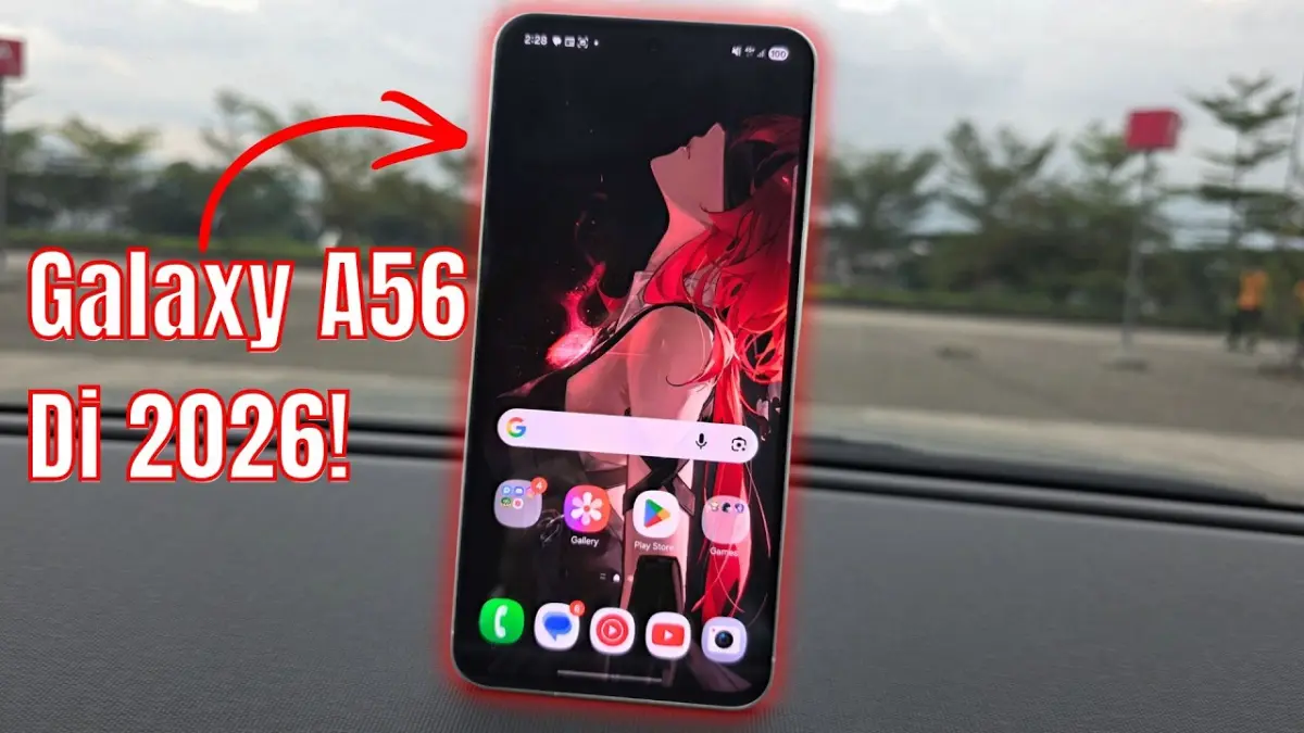 Samsung Galaxy A56 masih layak dibeli pada 2026. Harganya turun ke Rp4,5 jutaan dengan Exynos 1580, AMOLED 120 Hz, kamera solid, dan update hingga 2031. (Youtube. com)