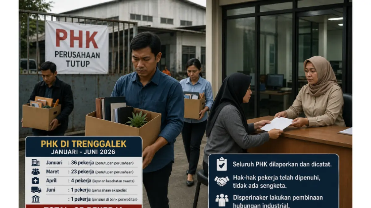 Disperinaker Trenggalek mencatat 65 pekerja mengalami PHK akibat penutupan perusahaan hingga masa pensiun.(AI)