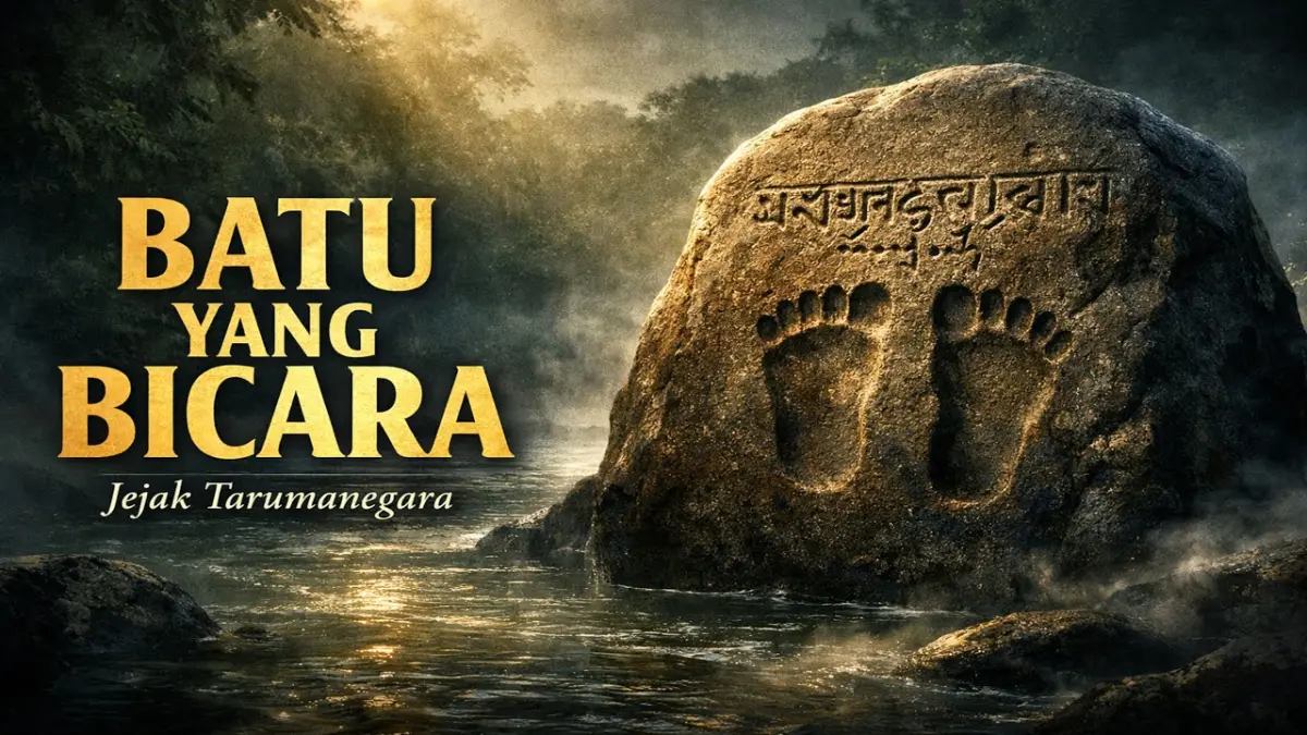 Mengulas sejarah Prasasti Ciaruteun di Bogor, peninggalan Kerajaan Tarumanegara yang memuat ukiran telapak kaki dan aksara Pallawa Raja Purnawarman.