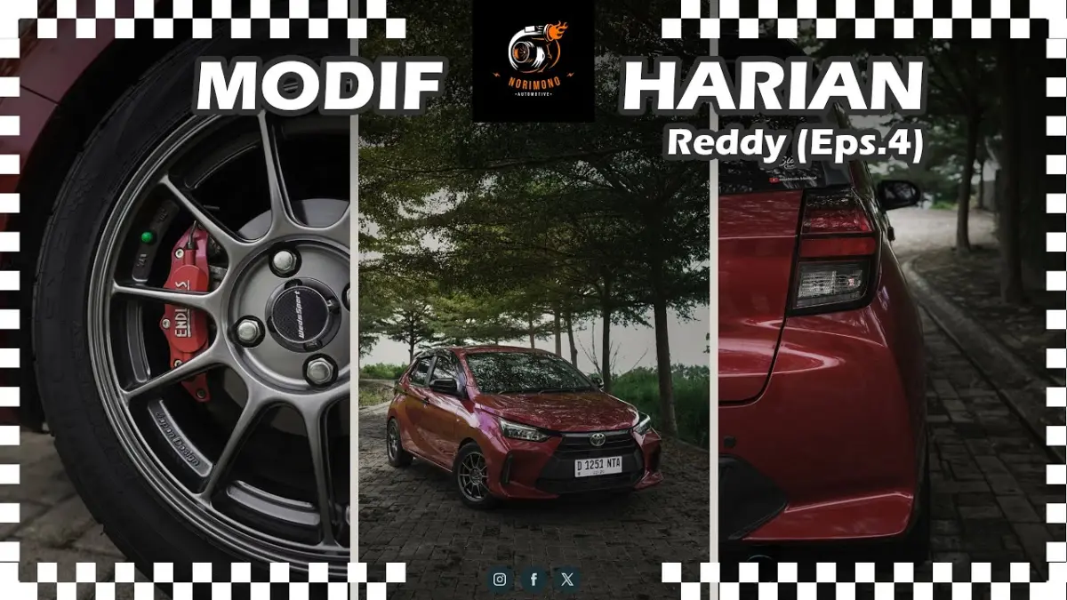 Ulasan modifikasi Toyota Agya Tipe G CVT merah gaya JDM harian. Pakai pelek Weds Sport TC105X, ban GT Radial, dan per custom. Cek detail spesifikasinya!