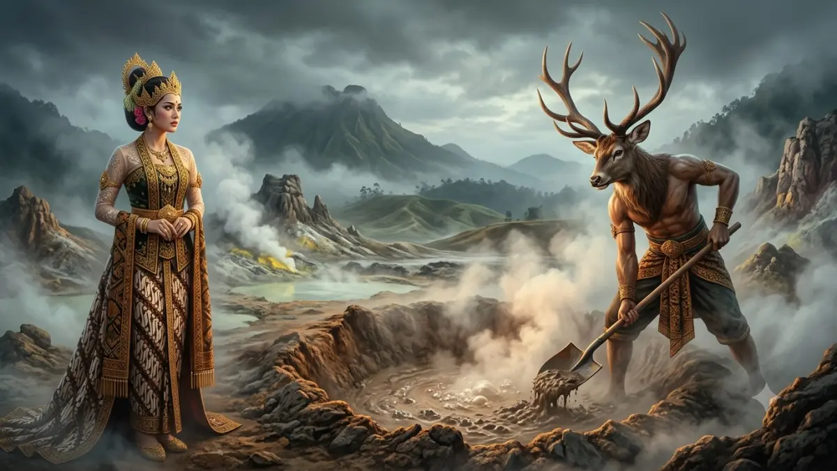 Legenda asal usul Kawah Sikidang mengisahkan Putri Sinta Dewi, Pangeran Kidang Garungan, dan asal-usul anak berambut gimbal di Dieng (Gemini AI).