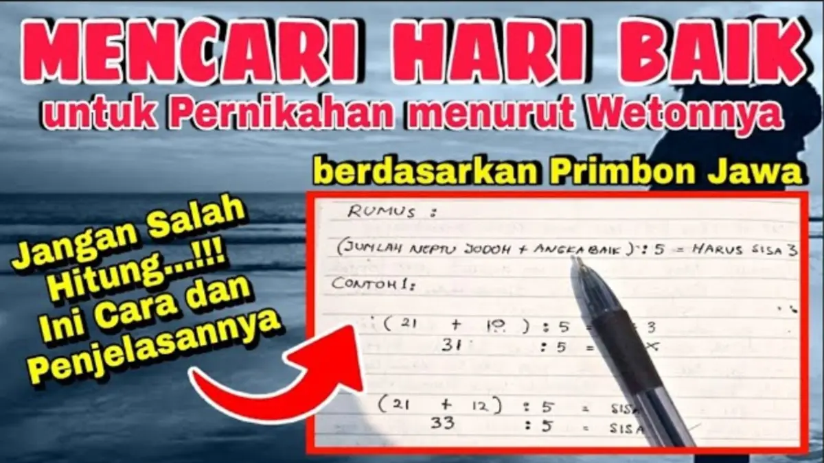 Hari baik pernikahan menurut Primbon Jawa dapat dihitung melalui weton dan neptu jodoh. Simak rumus lengkap beserta contoh menentukan tanggal nikah yang dianggap baik. (Youtube. com)