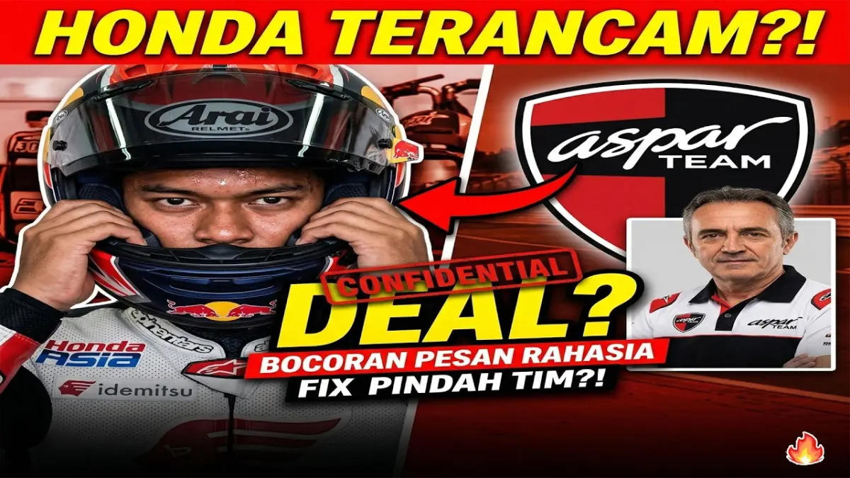 Veda Ega Pratama dikabarkan masuk radar tim Aspar untuk Moto3 2027. Rumor bursa transfer makin memanas, tetapi hingga kini belum ada konfirmasi resmi dari Honda Team Asia. (Youtube. com)