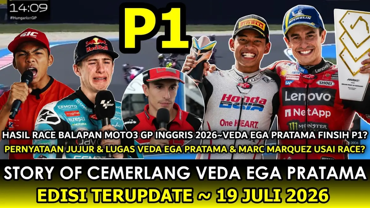 Veda Ega Pratama juara Moto3 Inggris ramai dibahas di YouTube. Simak fakta sebenarnya di balik narasi kemenangan pembalap Indonesia di Silverstone. (Youtube. com)