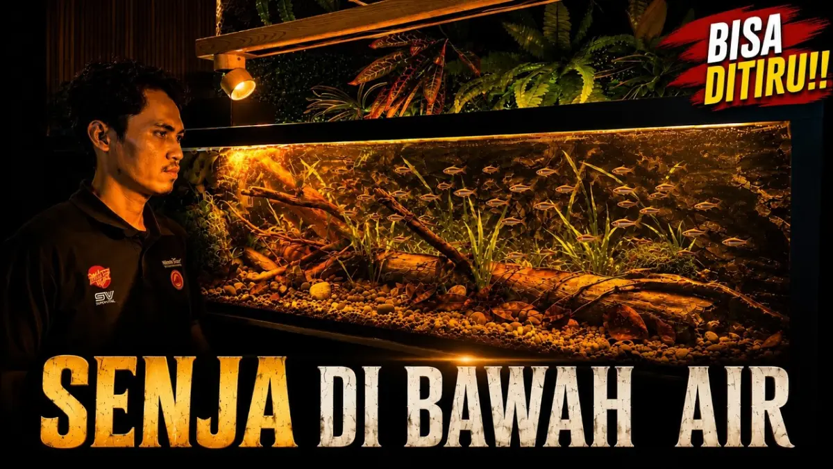 Panduan cara bikin aquascape malam hari bertema cahaya bulan! Pelajari racikan akar kayu sungai, filter akrilik tersembunyi, hingga tips ikan Manfish.