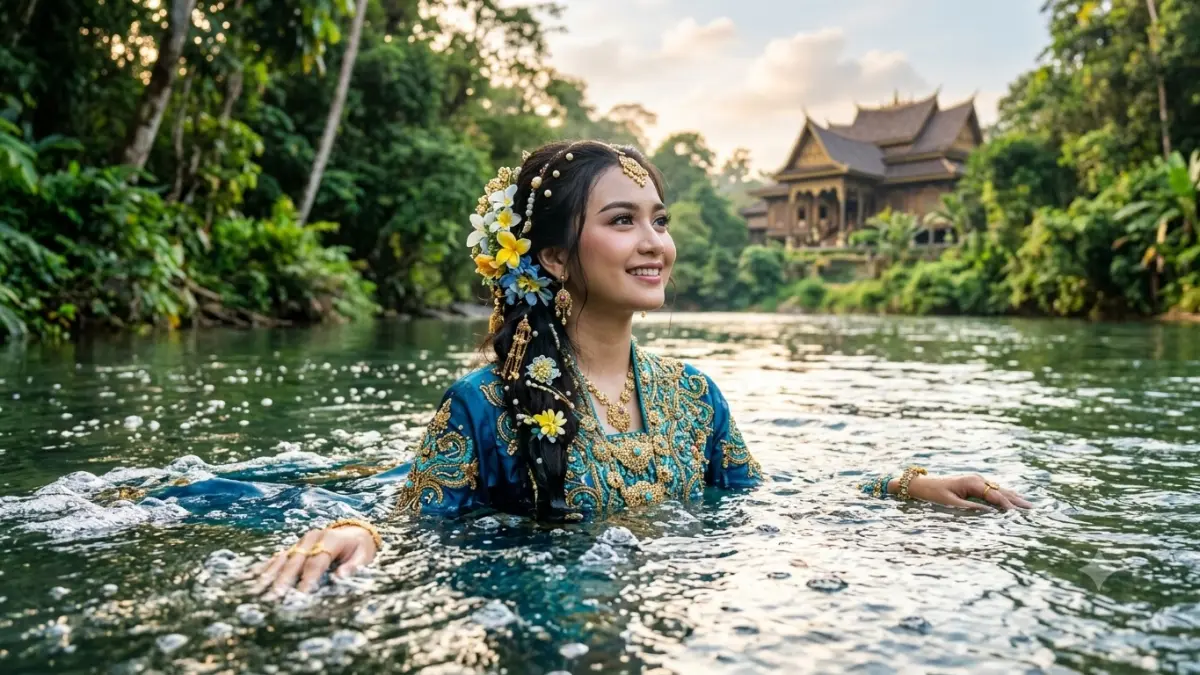 Putri Junjung Buih adalah legenda terkenal dari Kalimantan Selatan tentang putri ajaib yang ditemukan di sungai dan membawa kebahagiaan bagi Kerajaan Amuntai (Gemini AI).