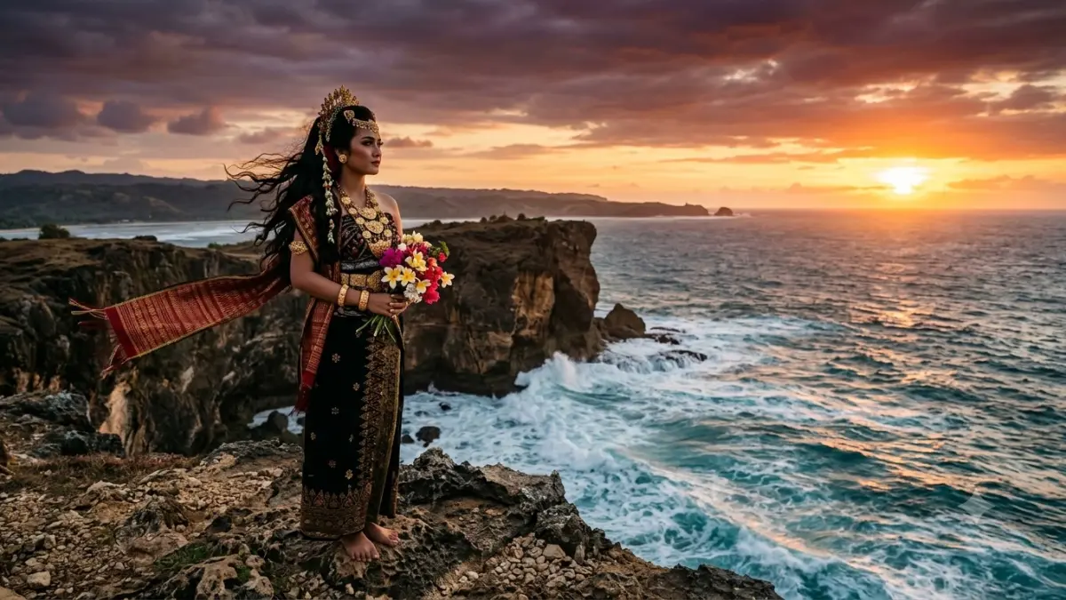 Putri Mandalika adalah legenda Lombok tentang putri yang mengorbankan diri demi mencegah perang dan menjadi asal-usul tradisi Bau Nyale yang masih dilestarikan (Gemini AI).