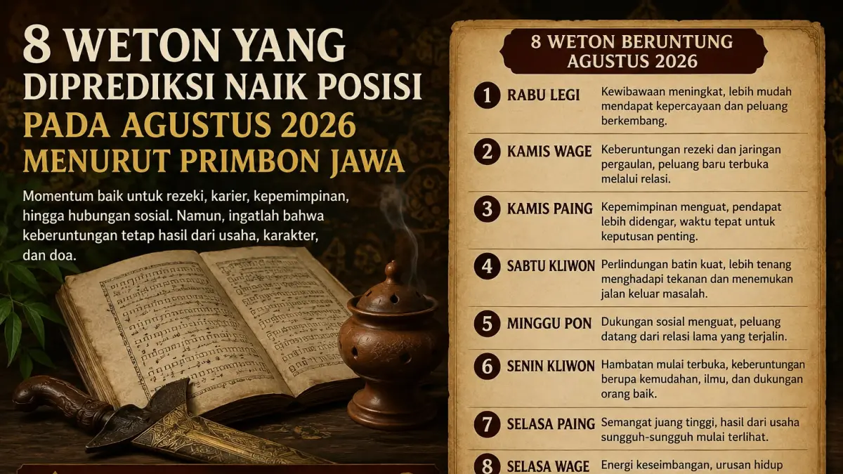 8 Weton yang Diprediksi Naik Posisi pada Agustus 2026 Menurut Primbon Jawa, Ada Rabu Legi hingga Selasa Wage