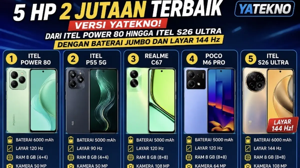 5 HP 2 jutaan terbaik versi Yatekno, dari Itel Power 80 hingga Itel S26 Ultra dengan baterai jumbo dan layar 144 Hz.