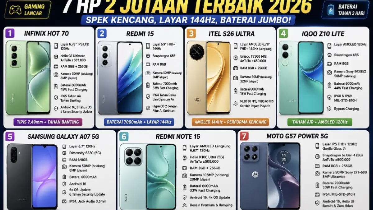 Cari HP harga Rp2 jutaan? Ini 7 pilihan dengan layar 144 Hz, baterai hingga 7.000 mAh, kamera 108 MP, dan fitur menarik lainnya