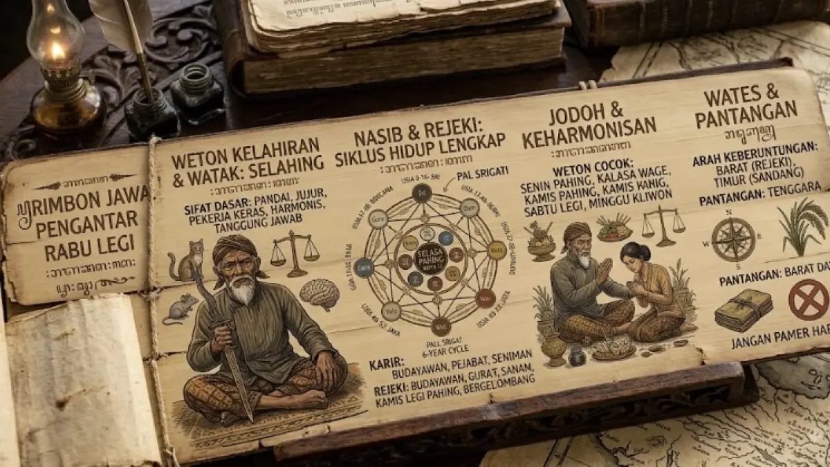 Rezeki Rabu Legi menurut primbon Jawa disebut datang perlahan dan stabil. Simak pekerjaan, peluang, dan karakter keberuntungannya.