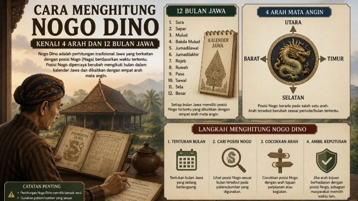 Cara menghitung Nogo Dino berkaitan dengan 4 arah dan 12 bulan Jawa. Kenali dasar perhitungannya sebelum menggunakan tradisi ini.