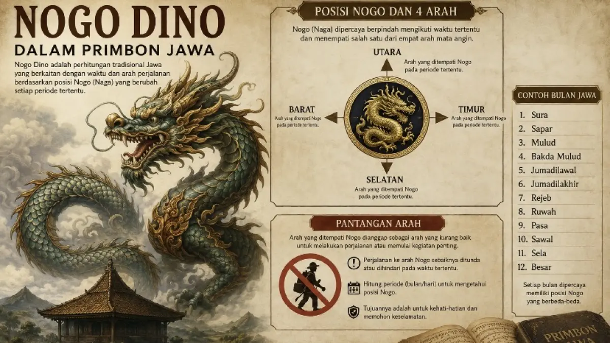Nogo Dino dalam primbon Jawa berkaitan dengan posisi naga dan arah perjalanan. Simak makna empat arah dan pantangan dalam tradisi Jawa.