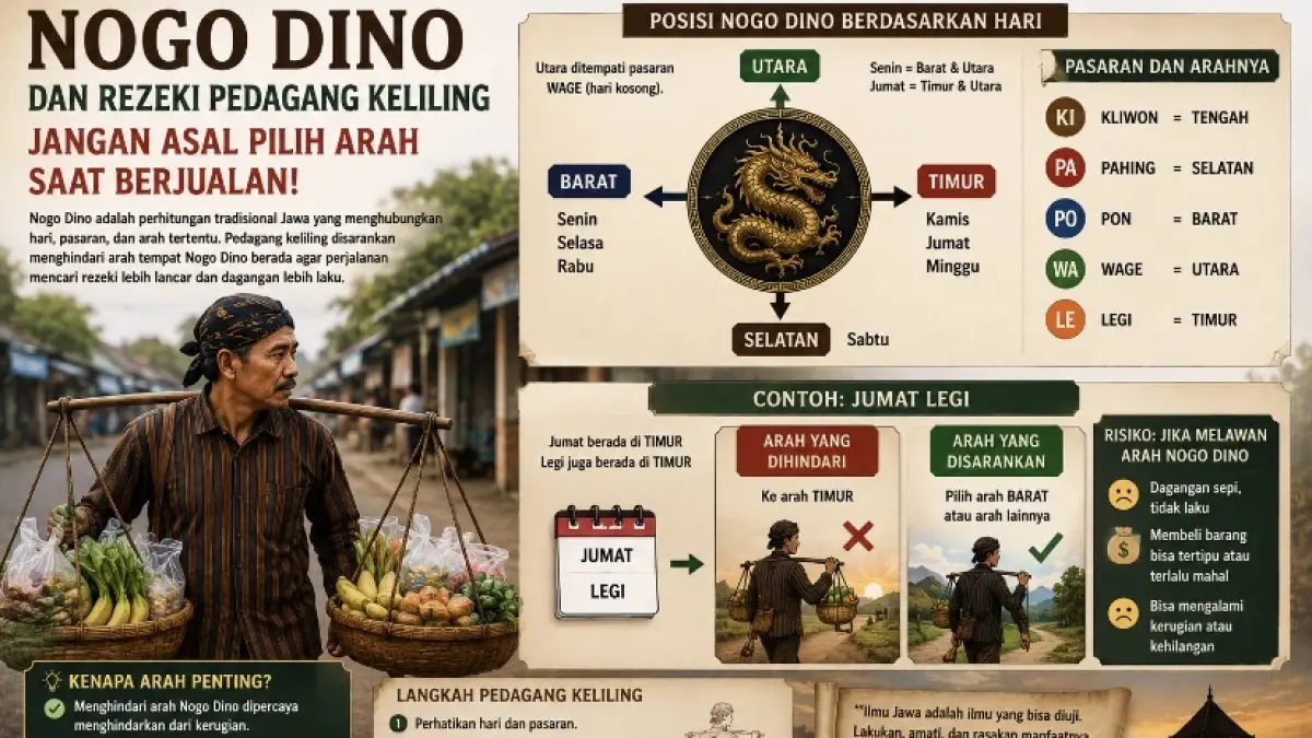 Nogo Dino dikaitkan dengan arah mencari rezeki. Simak posisi Nogo Dino berdasarkan hari dan pasaran serta arah yang dipercaya perlu dihindari.