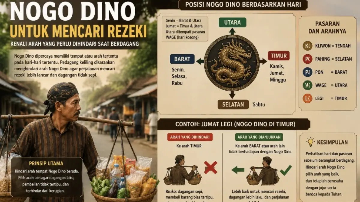 Nogo Dino dipercaya berkaitan dengan arah mencari rezeki. Simak posisi Nogo Dino berdasarkan hari dan cara pedagang menghindari arahnya.