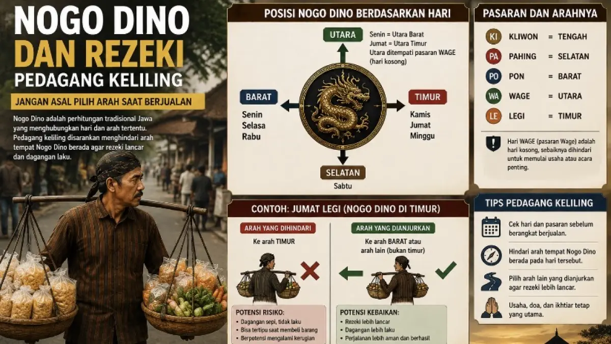 Nogo Dino dipercaya dapat menjadi pertimbangan pedagang keliling mencari rezeki. Kenali arah Nogo Dino berdasarkan hari dan pasaran Jawa.