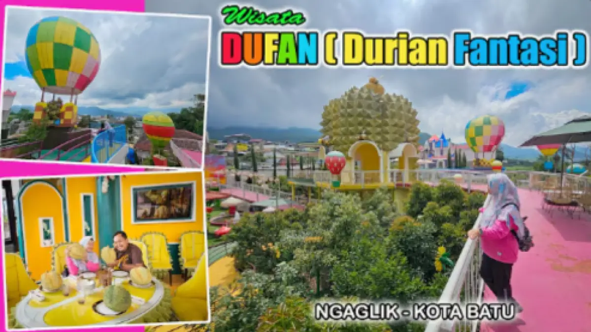 Durian Fantasi Batu menawarkan wisata tematik dengan kebun durian, ruang edukasi, kuliner, playground, dan spot foto unik.