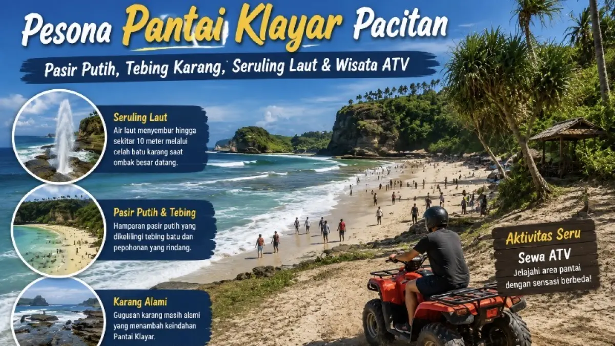Pantai Klayar Pacitan menawarkan pasir putih, tebing karang, seruling laut, serta aktivitas ATV yang bisa dicoba wisatawan.