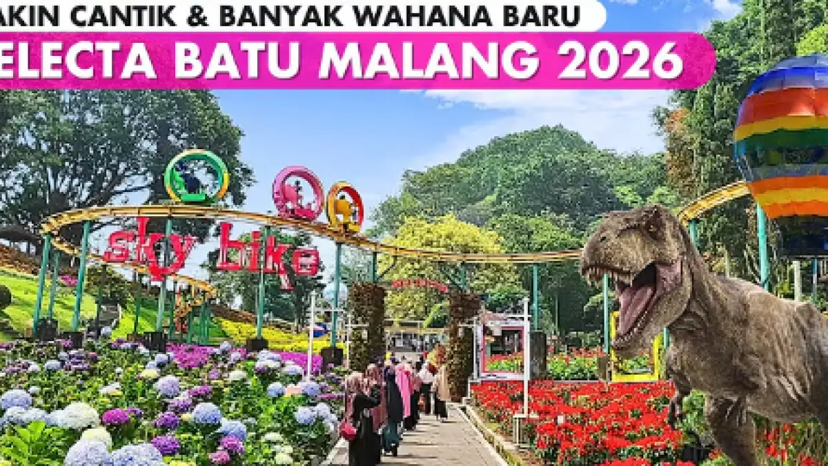 Taman Rekreasi Selecta di Batu menawarkan taman bunga 10 hektare, Dino Rena, kolam renang, waterpark, dan beragam wahana keluarga.