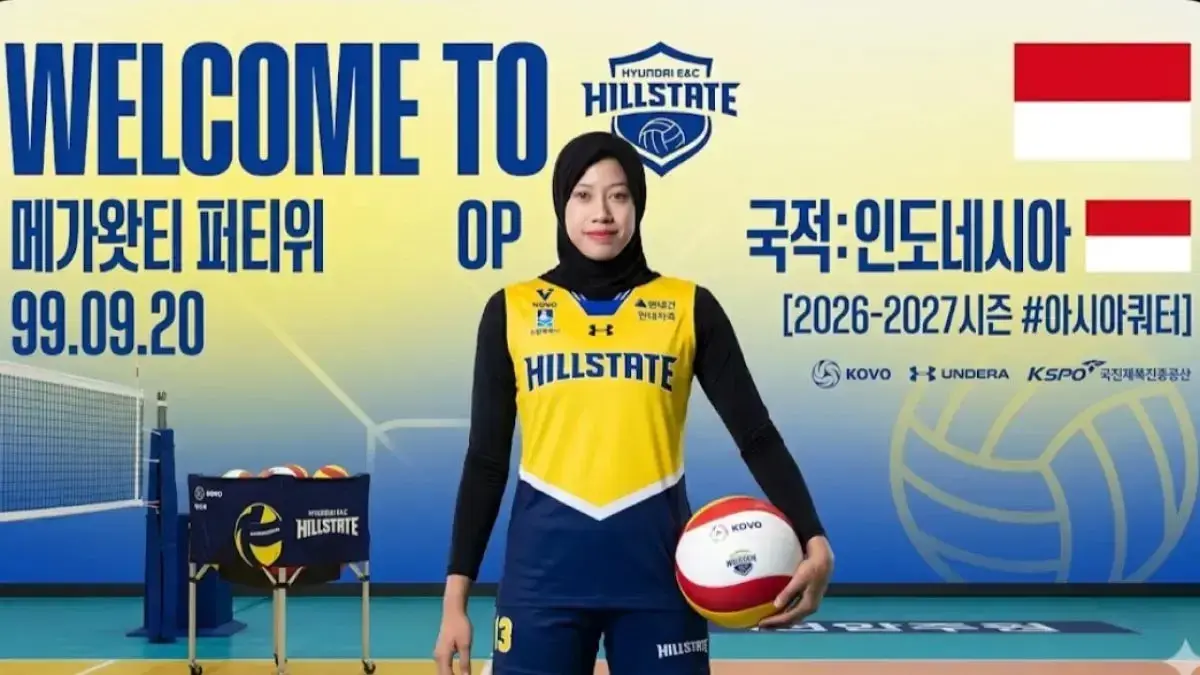 Megawati Hangestri mencuri perhatian di debut bersama Hyundai Hill State lewat kemenangan 3-2 dan spike keras yang mengenai wajah lawan (Pinterest).