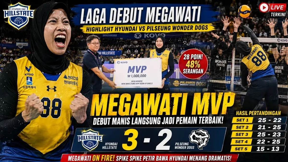 Kabar Megawati Hangestri terbaru: tampil dominan di laga debut bersama Suwon Hyundai Hill State, raih gelar MVP dan cetak 28 poin!