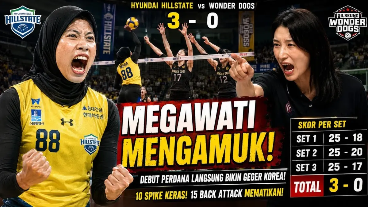 Perkembangan Megawati 88 terbaru: tampil gacor di laga debut Hyundai Hill State dengan melesakkan 15 back attack mematikan ke gawang Wonder Dogs.