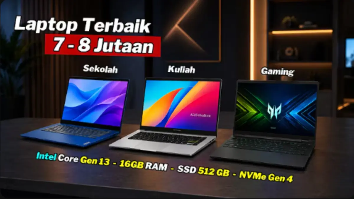 Rekomendasi laptop 7-8 jutaan untuk sekolah dan kuliah 2026 mencakup Asus, Acer, dan Lenovo dengan spesifikasi beragam.