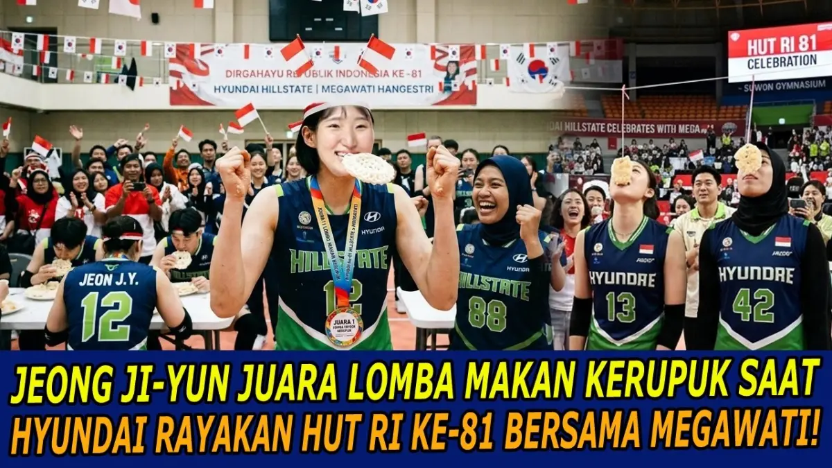Pemain Hyundai Hillstate Jeong Ji-yoon sabet juara lomba makan kerupuk di perayaan HUT RI ke-81 bersama Megawati Hangestri.