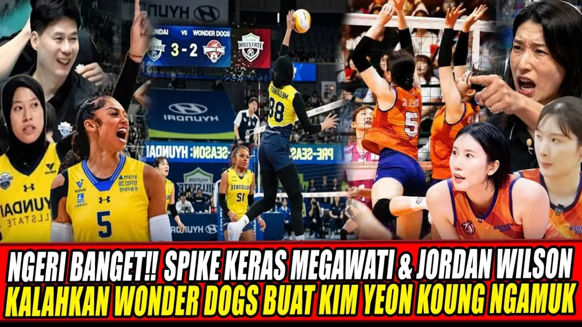 Duet Megawati Hangestri Pertiwi dan Jordan Wilson cetak 47 poin, buat Kim Yeon-koung geram di pinggir lapangan saat Hyundai Hillstate tekuk Wonder Dogs 3-2.