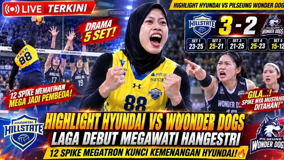 Megawati Hangestri Pertiwi cetak 12 spike krusial di set penentu untuk bawa Hyundai Hillstate menang dramatis 3-2 atas Pilsung Wonder Dogs.