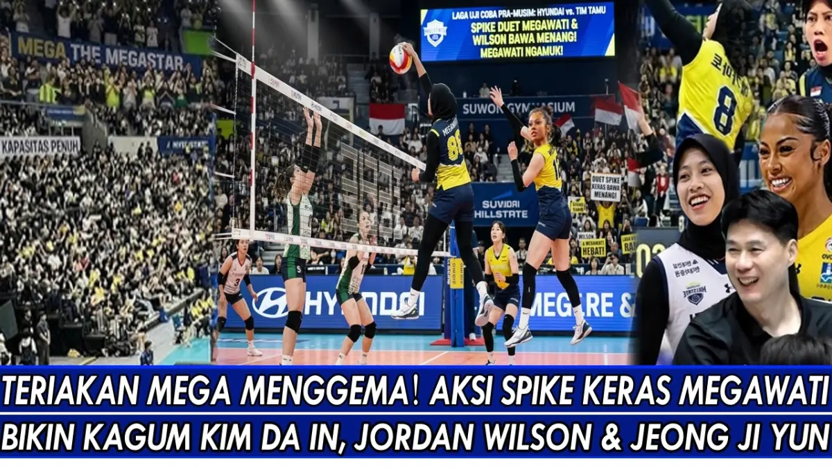 Megawati Hangestri Pertiwi tampil ganas di laga internal Hyundai Hillstate. Smash keras Megatron bikin Kim Da-in dan Jordan Wilson kagum.