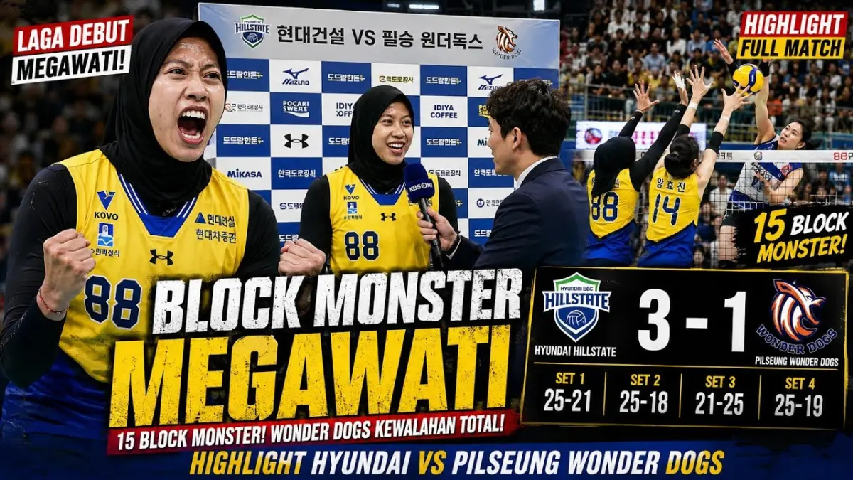 Megawati Hangestri tampil memukau di laga debut bersama Hyundai Hillstate. Pertahanan blok monster sukses bawa tim menang 3-1 atas Wonder Dogs.
