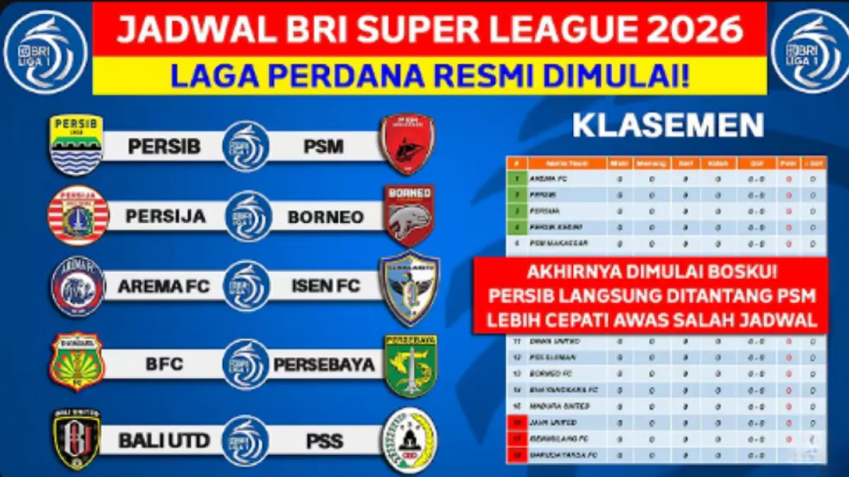 Jadwal BRI Super League 2026-2027 pekan pertama dimulai 4 September. Simak laga Arema FC, Persija, Persib, hingga Persebaya.