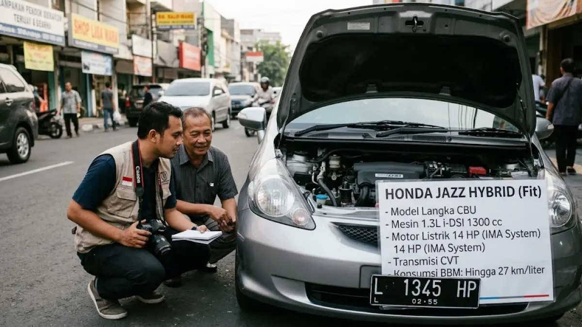 Honda Fit Hybrid menjadi Jazz langka dengan mesin 1.300 cc, motor listrik 14 HP, sistem IMA, dan konsumsi bahan bakar hingga 27 km/l.