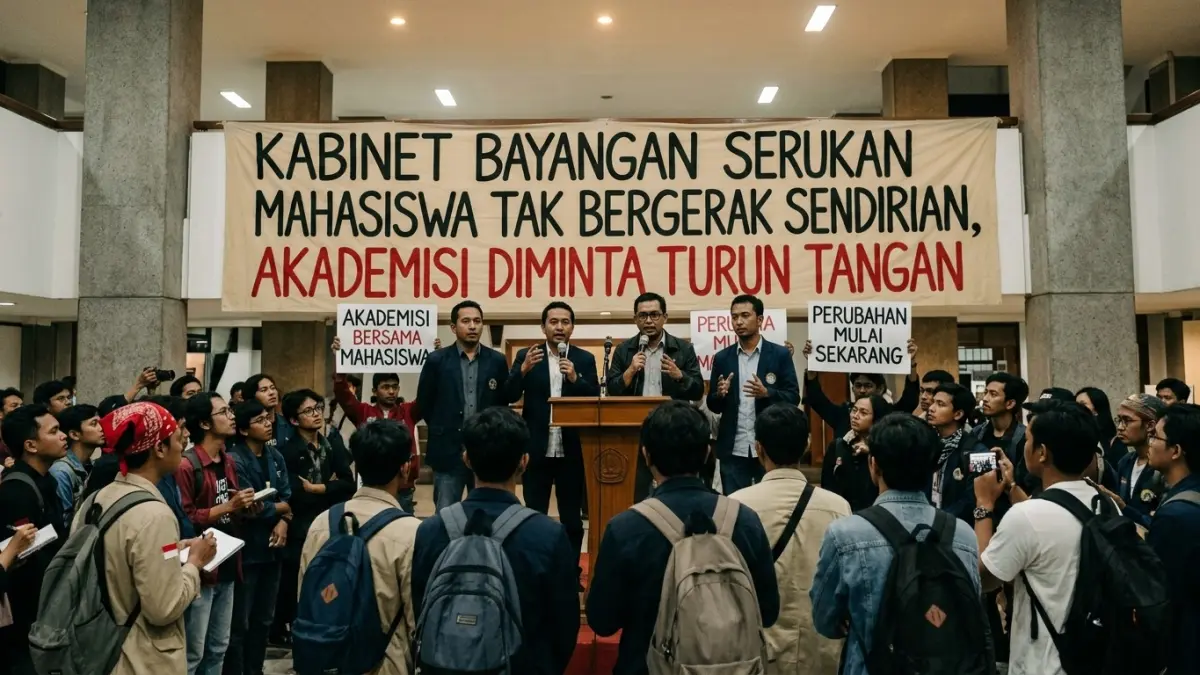 Kabinet bayangan menyerukan mahasiswa tak bergerak sendirian. Akademisi, ulama, dan tokoh publik diminta ikut mengawal kebijakan pemerintah. (ILUSTRASI AI)