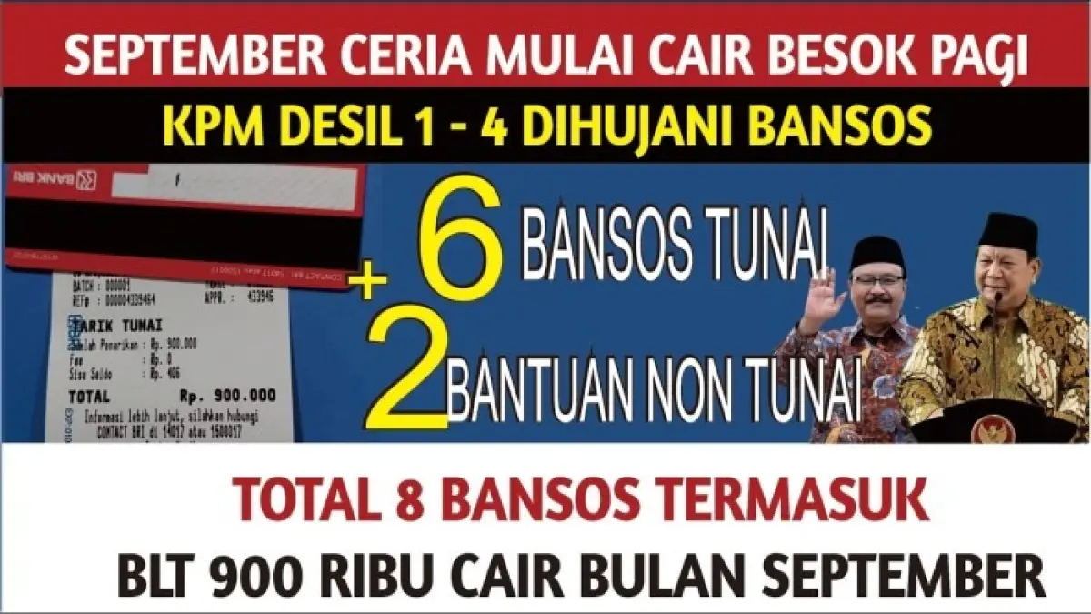 Bansos September 2026 disebut mencakup 6 bantuan tunai dan 2 non-tunai, dengan BLT Dana Desa hingga Rp900.000.