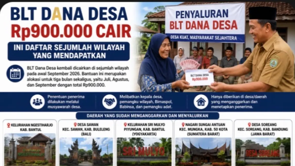 BLT Dana Desa Rp900.000 mulai cair di sejumlah wilayah. Simak daerah yang disebut menganggarkan bantuan dan mekanisme penentuan penerimanya.